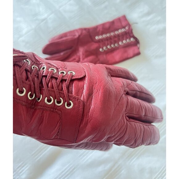 Red Leather Gloves Size XL Anne Klein Vintage Lace Up Retro Christmas Gift Woman - Picture 7 of 11